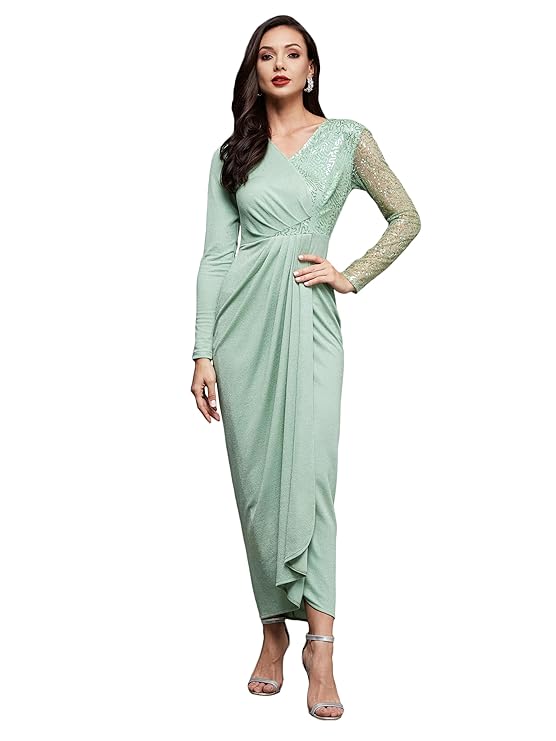 Miss Chase Women's Embellished V-Neck Full Sleeve Pleated Slim Fit Longline Dres