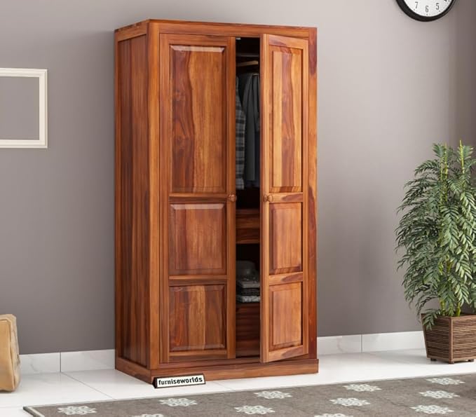 Furniseworlds Sheesham Wood Wardrobe with 3 Drawer and 4 Shelves Storage for Bed