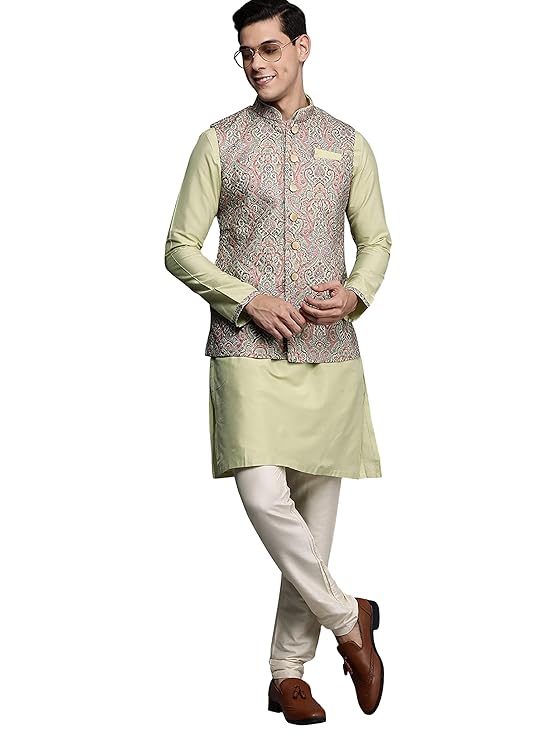 Manyavar Art Silk Kurta Jacket Set for Men