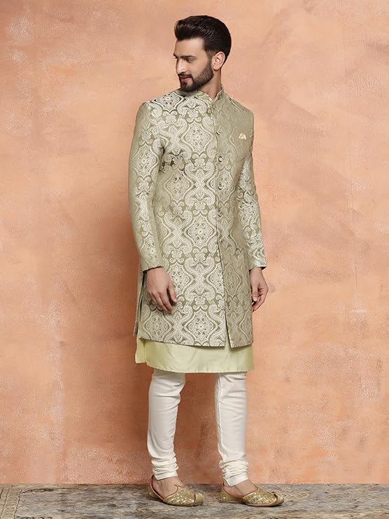 KISAH Men's Ethnic Wear Silk Blend Woven Design Regular Fit Olive-Green Kurta In