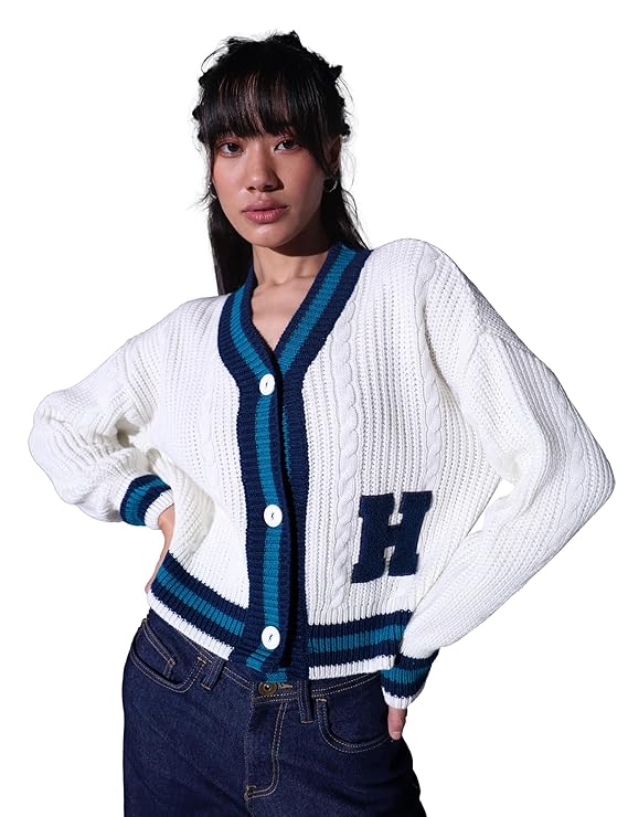 Hubberholme Women White Varsity 100% Acrylic Relaxed Cardigan Sweater HHWSWW2300