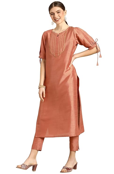 Janasya Women's Peach Poly Silk Embellished Kurta with Pant