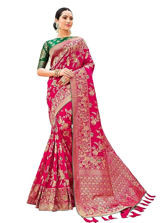 Monjolika Fashion Women's Banarasi Silk Blend Woven Zari With Tussles Saree and 