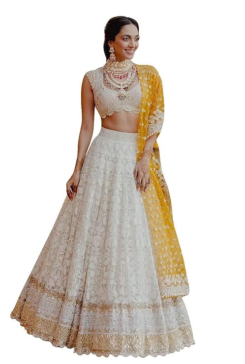 Zeel Clothing Women's Georgette Semi-Stitched Lehenga Choli White Wedding Bridal