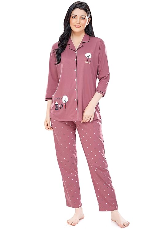 ZEYO Women's Cotton Dot Printed Pajama Set Night Suit Set Of Shirt & Pyjama 5242