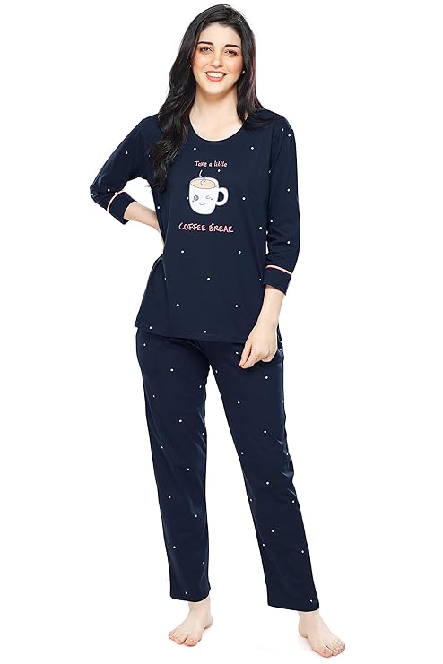 ZEYO Women's Cotton Dot Printed Night Suit Set Of Top & Pajama Set 5281