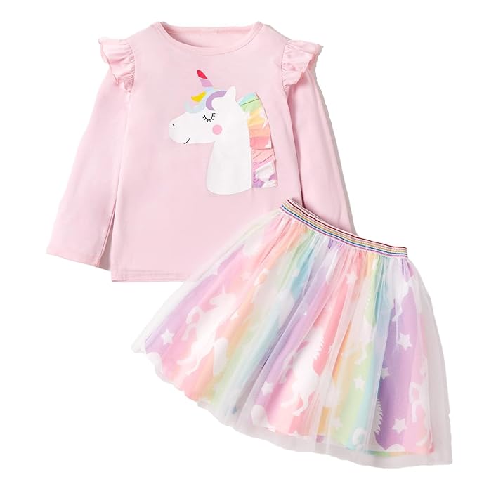 HIKUJ Girl's Self Unicorn Printed Fluttered Full Sleeve T-shirt with Rainbow Col