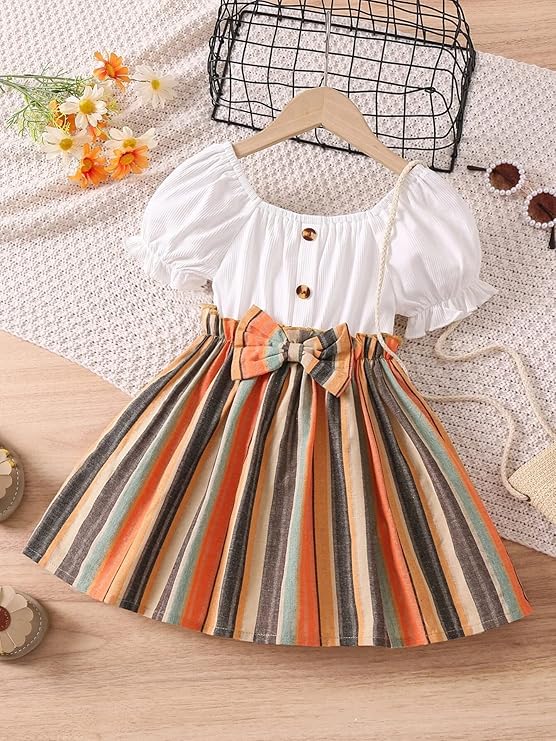 TAGAS Toddler Girls Striped Print Puff Sleeve Bow Front Dress || Stripe Pattern 