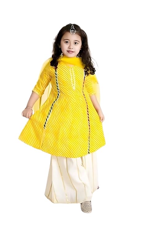 Naixa Girls Yellow & White Solid Rayon & Chanderi Top With Sharara | Salwar Suit