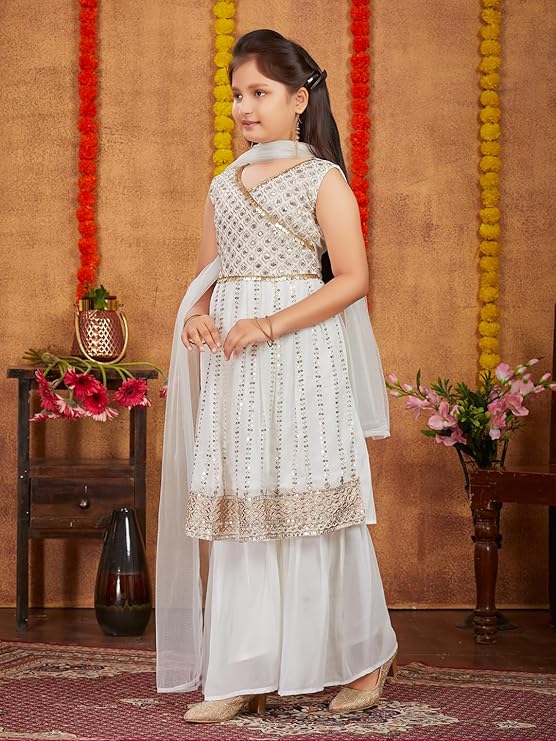 Aarika Girls Ethnic Wear Off White Colour Sequins Zari Embroidery Georgette Kurt