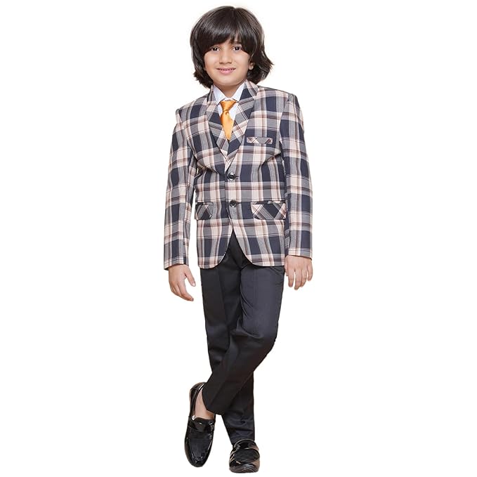 AJ DEZINES Kids 5 Piece Checkered Cotton Blend Coat Pant Suit Set For Boys