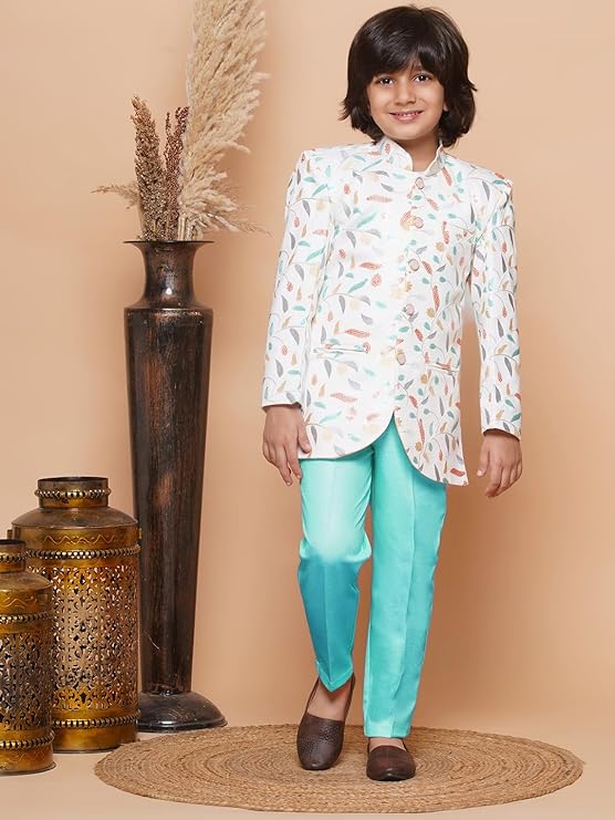 AJ DEZINES Kids Ethnic Wear Indo Western Floral Printed Silk Blend Sherwani For 