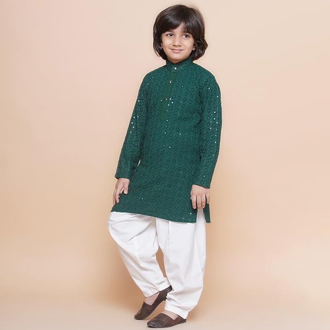 AJ DEZINES Kids Ethnic Wear Cotton Sequined Chikankari Kurta Pyjama Set For Boys