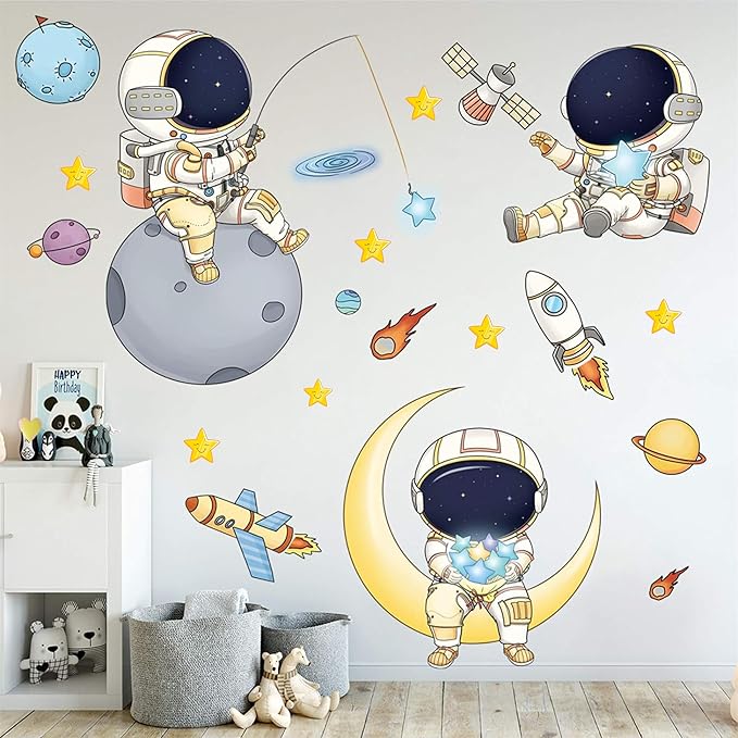 DREAM DECALS Astronaut Wall Stickers for Boys Bedroom, Cartoon Spaceman Outer Pl