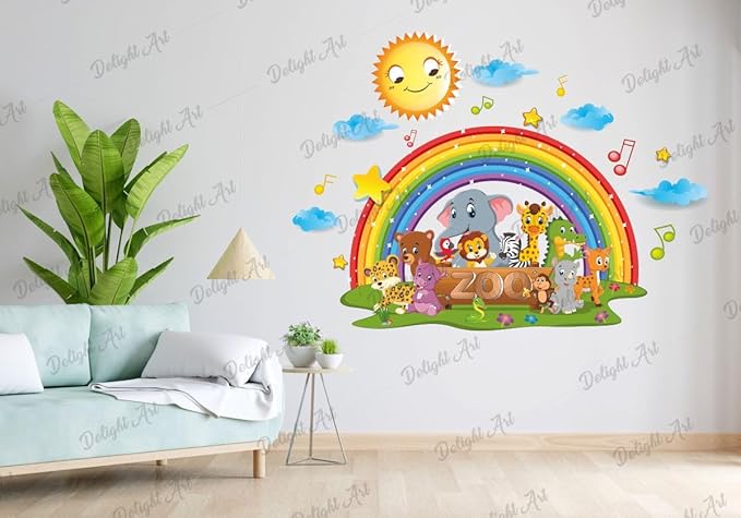 Vinyl Delight Art All Animals And Rainbow With Sun Design Wall Sticker Size 