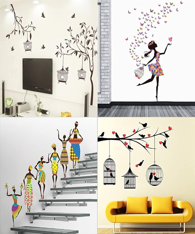 Ghar Kraft Set of 4 Wall Sticker Love Birds with Hearts (120 x 85 cms) | Tribal 