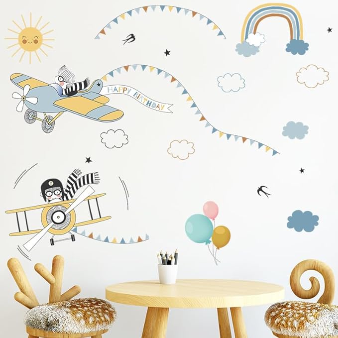 Pumkins Adorable Flying Airplane Bunny Rabbit Nursery Mural Wallpaper with Sun, 