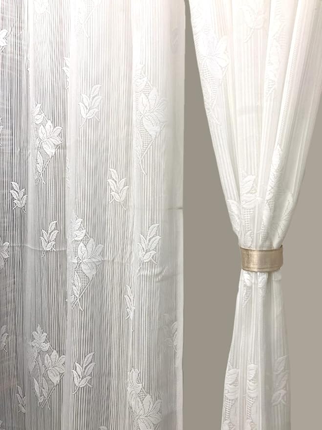 Fabrilia Floral Net Semi Transparent Door Semi Sheer Grommet Curtains 7 Feet Set