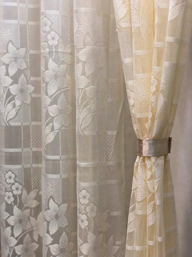 Fabrilia Heavy Polyester Net Semi Transparent Fancy Eyelet Curtain, Floral Desig