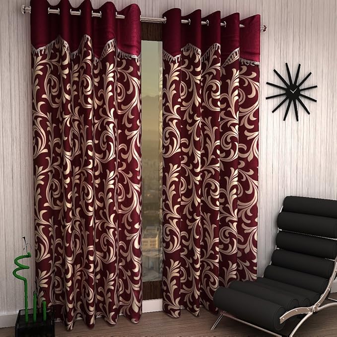 Home Sizzler 2 Piece Eyelet Polyester Scroll Frill Door Curtain Set - 7ft, Maroo