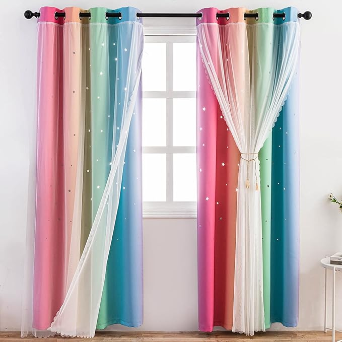 Reepow Rainbow Kids Blackout Curtains for Boys Girls Bedroom Playroom, Tulle Ove