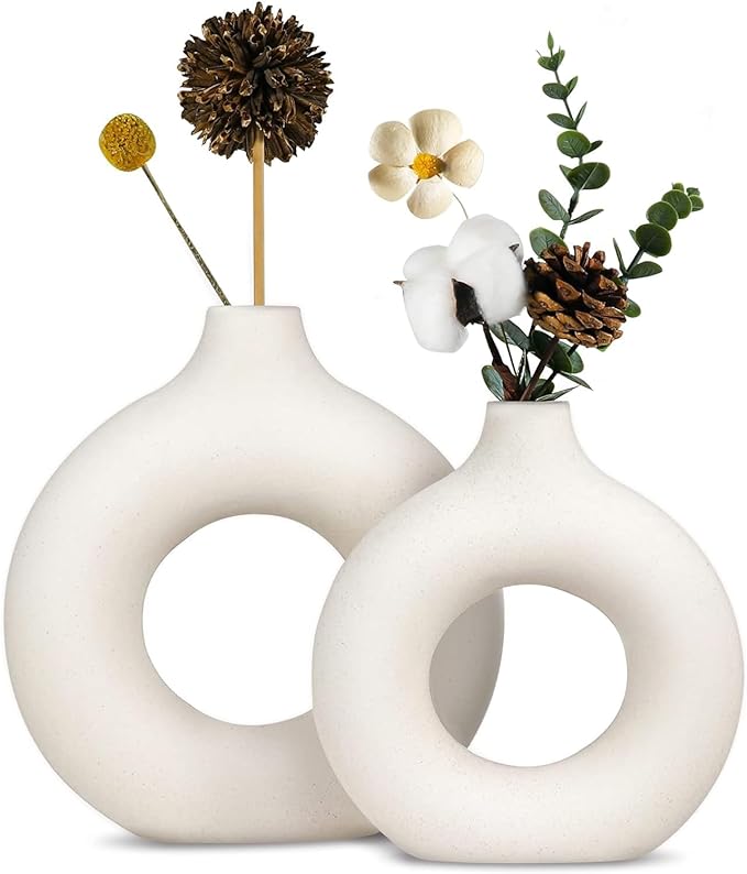 TIED RIBBONS Set of 2 Donut Vases (White, 8.5 & 6 Inches) for Flowers Plants Pam