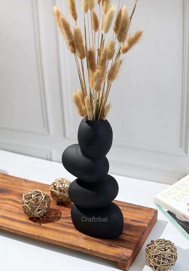 Craftribal's Pebble Vase|Ceramic Flower Vase|10 Inches|Stone Vase|Color (Black) 