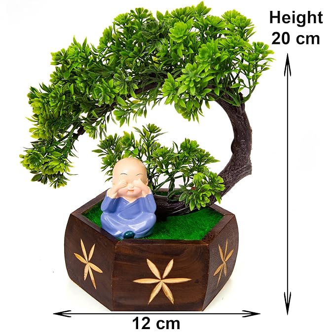 Kawai Homes Artificial Bonsai Tree Plant with Cute polyresin Buddha Monk for Hom