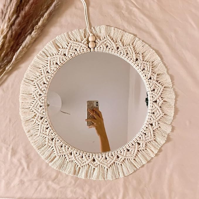 RAKANO Macrame Hanging Wall Mirror with Macrame Round Mirror Art Boho Décor, Fr