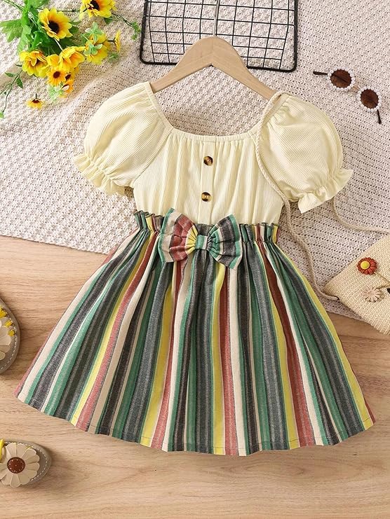 TAGAS Toddler Girls Striped Print Puff Sleeve Bow Front Dress || Stripe Pattern 