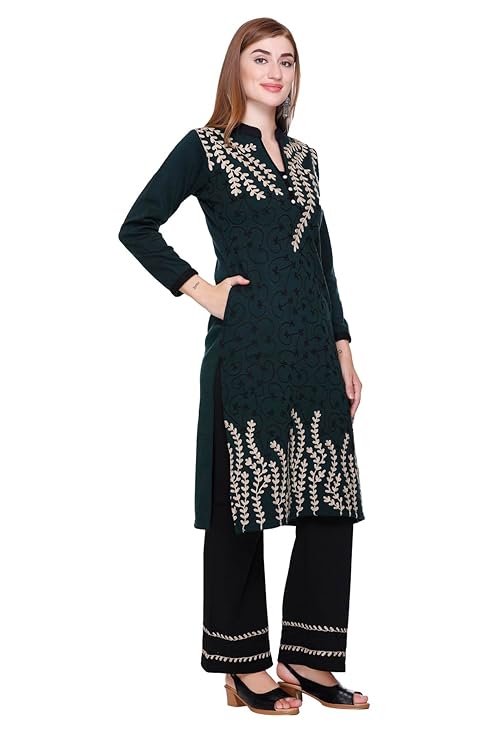 Rosary Women's Warm Woolen Winter Wear Embroidered Kurta with Palazzo Set of 2pc