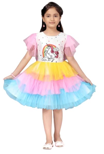 Girl's Unicorn Print & Flower Design Knee Length Frocks Baby