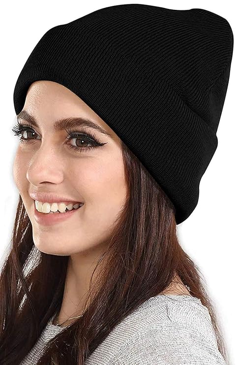 DIGITAL SHOPEE Women's Fur Skull Cap (Esg-Black-Winter-Woolen-Cap_Black_M), Medi