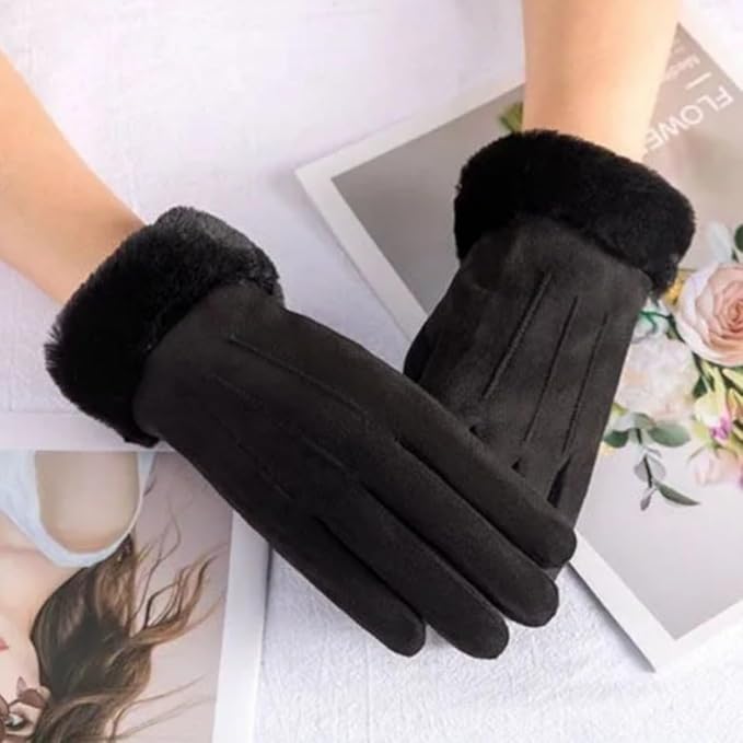 Tomorrow Women Cute design Plush Fur Cuff Winter Gloves Windproof Cold Resistant