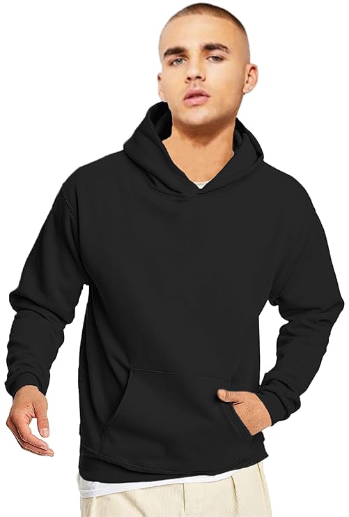 LEOTUDE Men's Hooded Neck Loopknit Plain Sweatshirt with Side Pockets (Color Bla