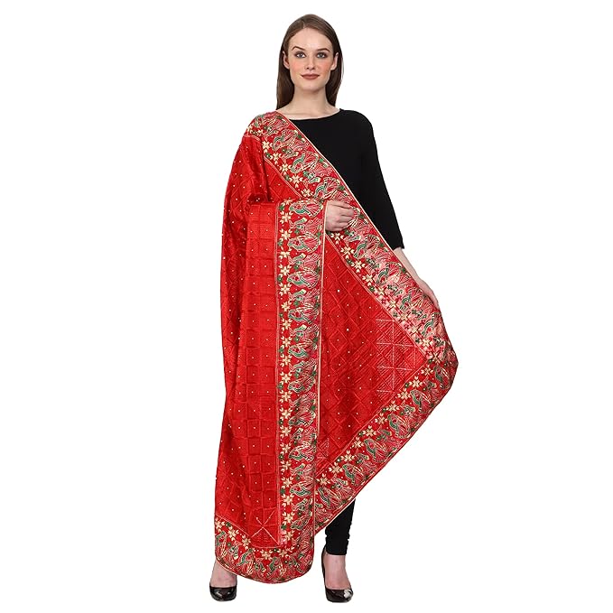 SWI WITH LABEL Women's Embroidered Phulkari Chiffon Dupatta