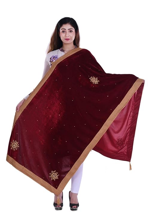 SNEH Women's Velvet Heavy Work Stole with Tassel (SNWVHMS456, Maroon, Free Size)