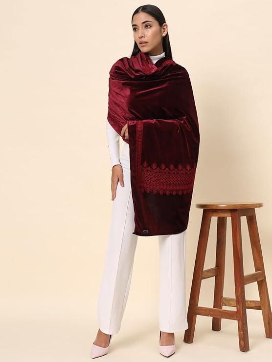 Zamour Women Soft Velvet Embroidered Stole | Designer Embroidery Patterns on Sca