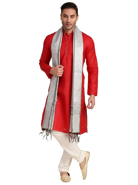 DUPATTA BAZAAR Men's Silver Banarasi Silk Dupatta For Kurta/Sherwani/Achkan, fre