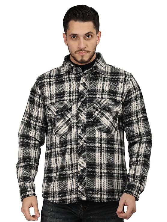 CHKOKKO Men Winter Shacket Stylish Flannel Plaid Jacket Shirt