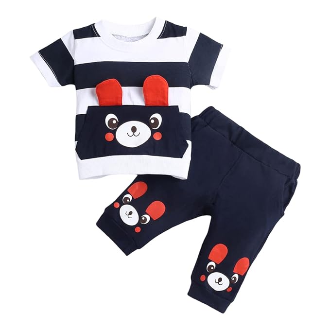 Hopscotch Boys Cotton Stripes Bear Print Half Sleeves T-shirt and Joggers Set In