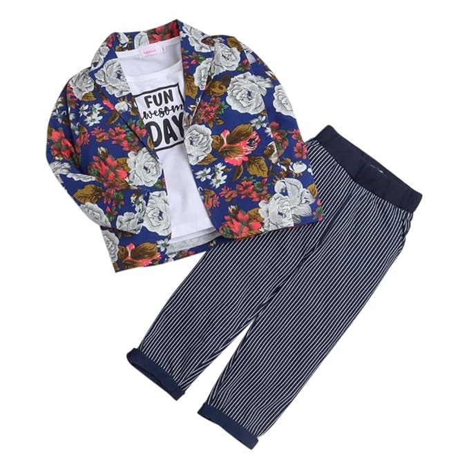 Hopscotch Boys Floral Print T-shirt, Jacket Pant Set In White Color