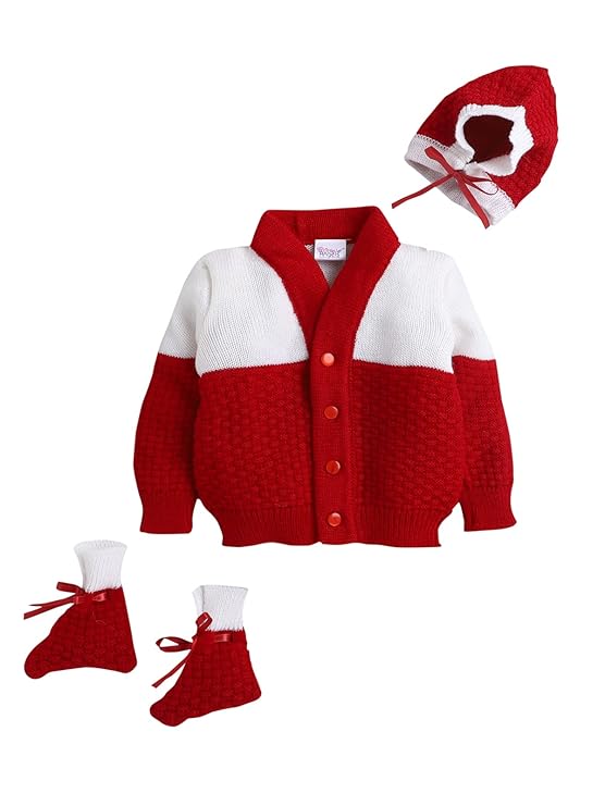 Little Angels Baby Sweater Set - 3 Pcs Woollen Full Sleeves V-Neck Checkered Swe