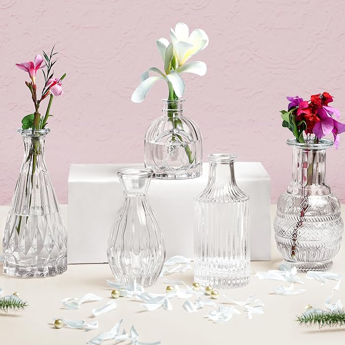 ABOUT SPACE Glass Bud Flower Vase – Pack of 5 Clear Glass Centrepiece for Mini